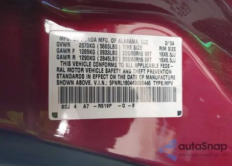 2004 Honda Odyssey Ex-L z USA, uszkodzony, nr VIN 5FNRL18044B068446